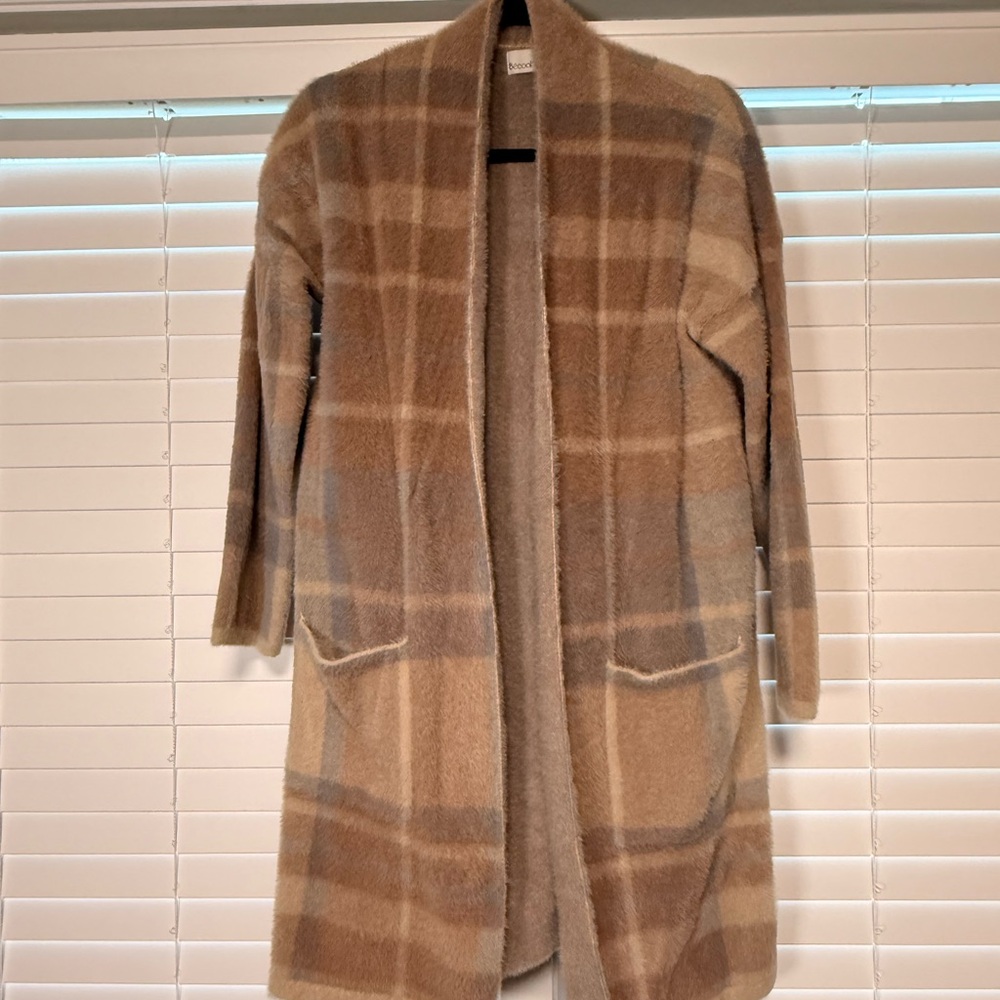 Plaid Open-Front Cardigan in Tan and Cream